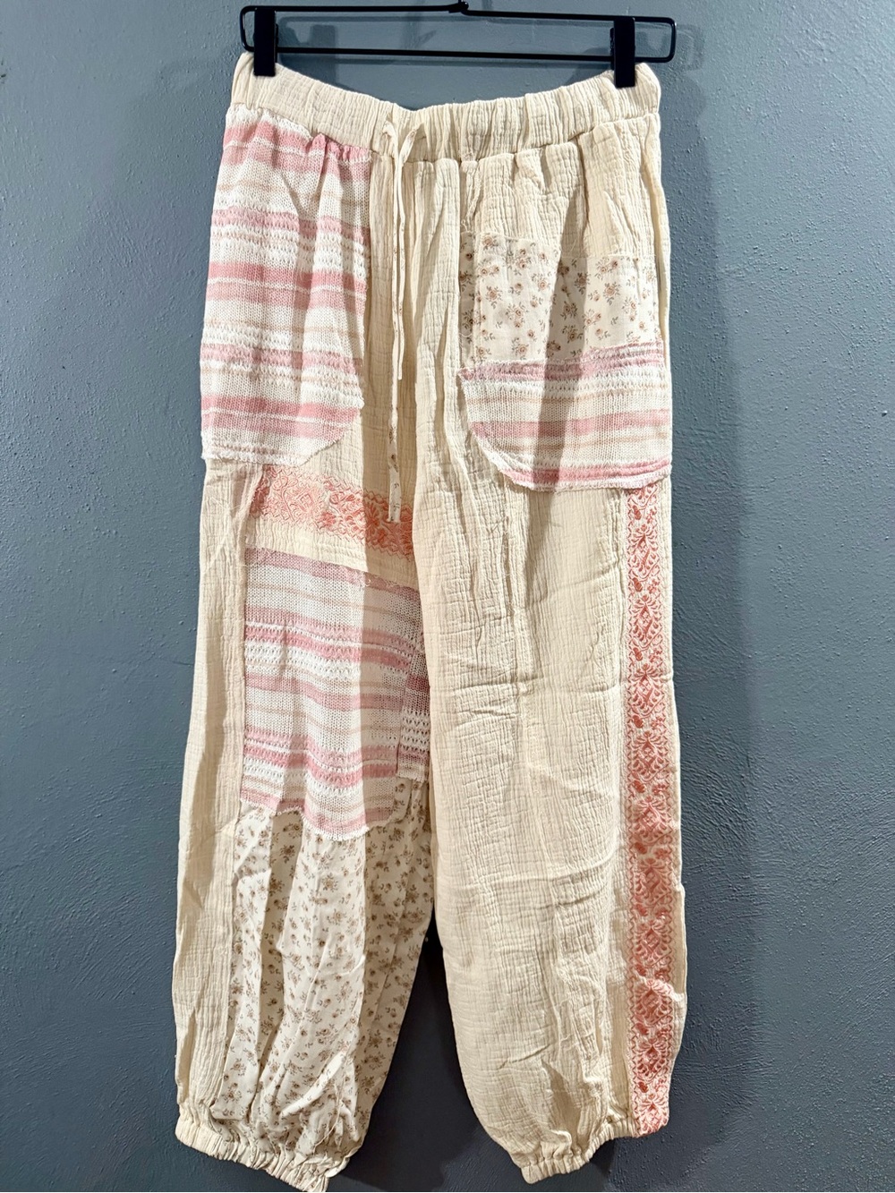 NWOT. POL Boho Patchwork Joggers in Cream & Pink